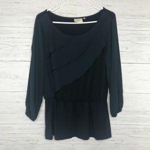 Alee Dark Blue Ruffle Split Long Sleeve Top